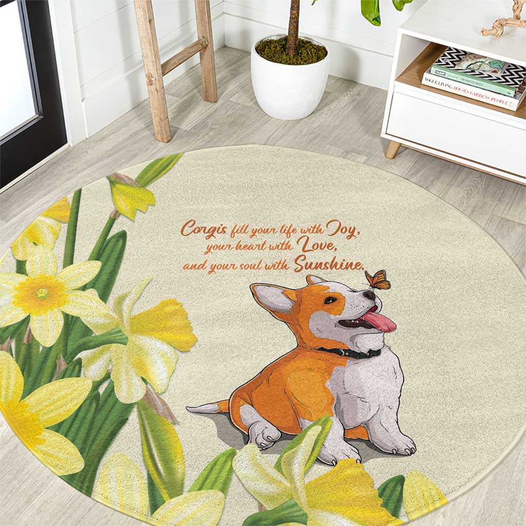 Wales Corgi and Daffodil Round Carpet Welsh Dog Lovers - Wonder Print Shop