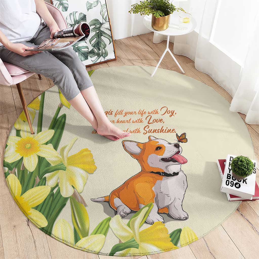 Wales Corgi and Daffodil Round Carpet Welsh Dog Lovers - Wonder Print Shop