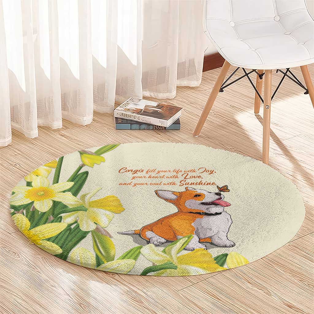 Wales Corgi and Daffodil Round Carpet Welsh Dog Lovers - Wonder Print Shop
