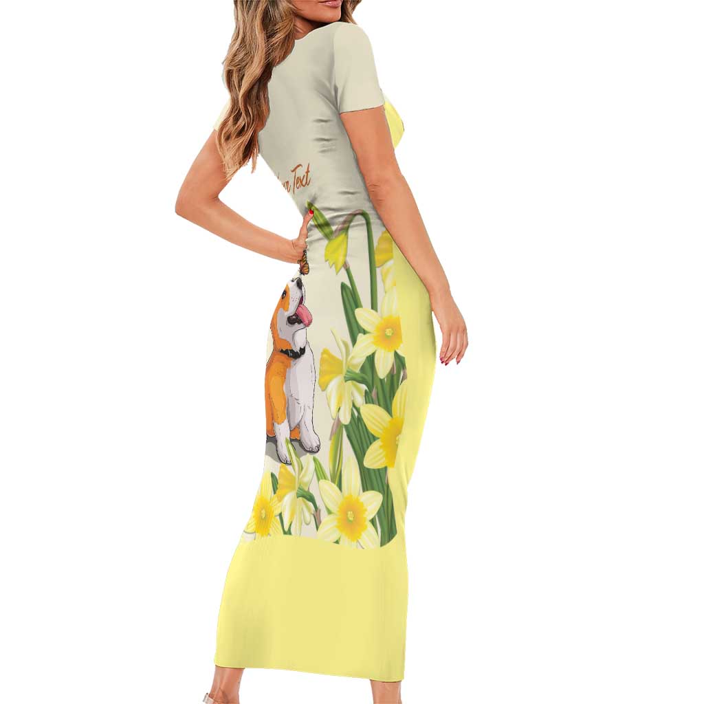 Personalised Wales Corgi and Daffodil Short Sleeve Bodycon Dress Welsh Dog Lovers - Wonder Print Shop