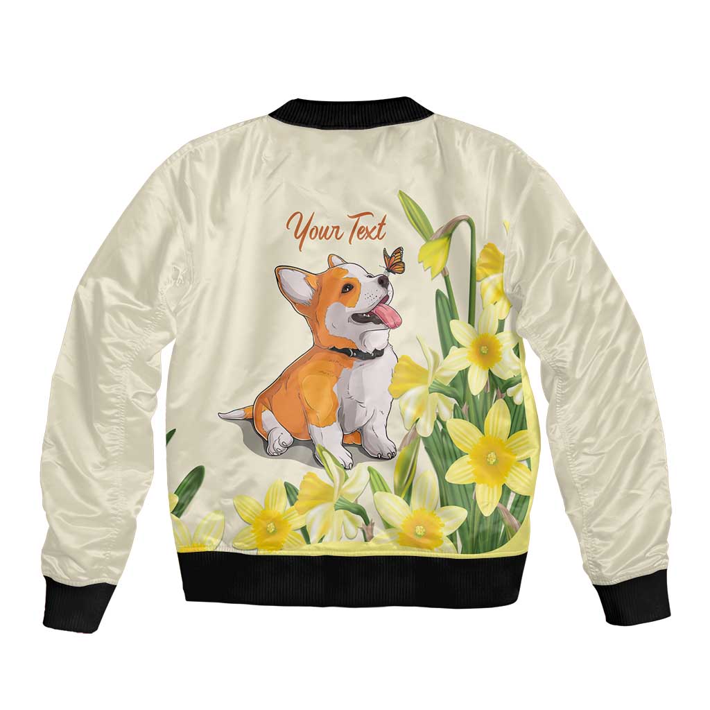 Personalised Wales Corgi and Daffodil Sleeve Zip Bomber Jacket Welsh Dog Lovers - Wonder Print Shop