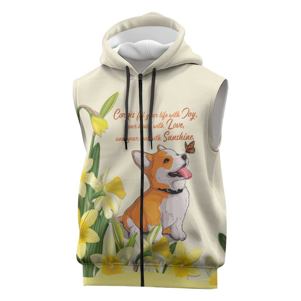 Personalised Wales Corgi and Daffodil Sleeveless Zip Hoodie Welsh Dog Lovers - Wonder Print Shop