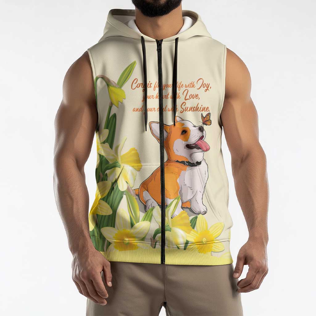 Personalised Wales Corgi and Daffodil Sleeveless Zip Hoodie Welsh Dog Lovers - Wonder Print Shop