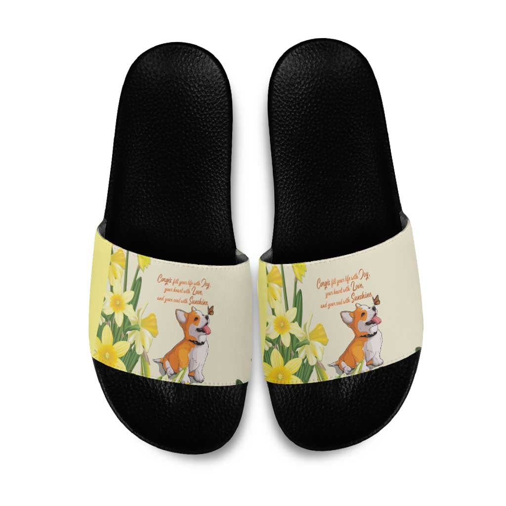Wales Corgi and Daffodil Slide Sandals Welsh Dog Lovers - Wonder Print Shop
