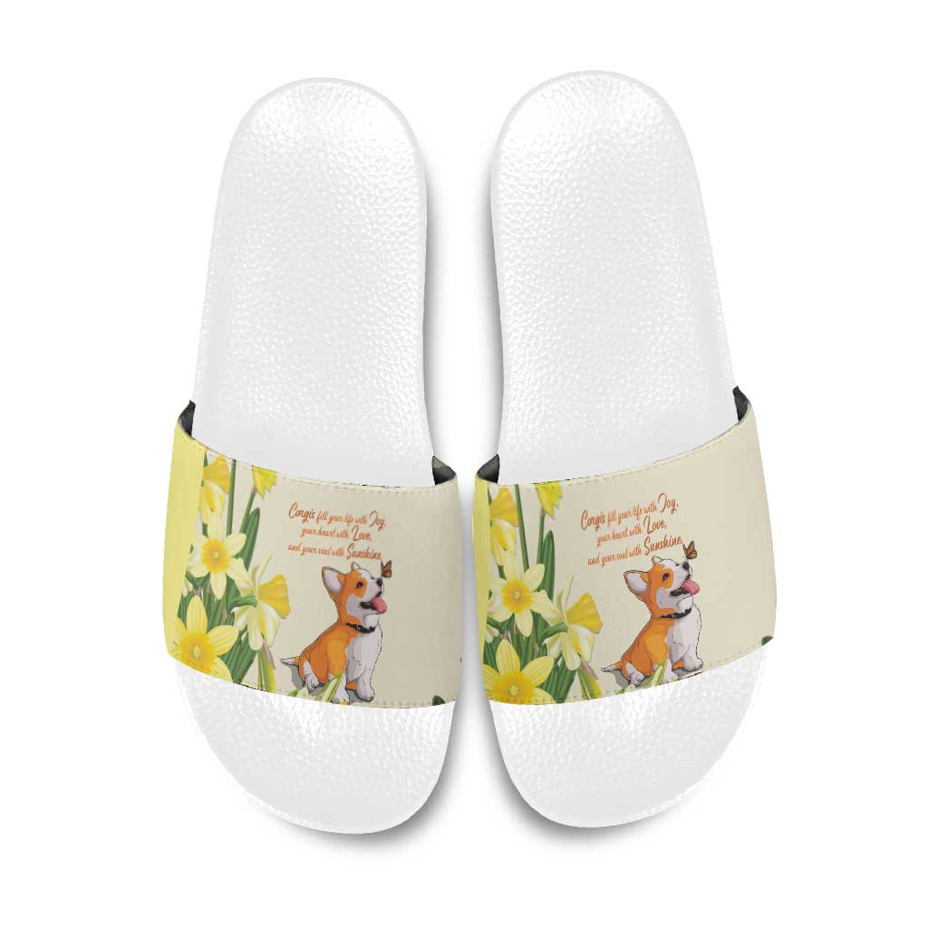 Wales Corgi and Daffodil Slide Sandals Welsh Dog Lovers - Wonder Print Shop