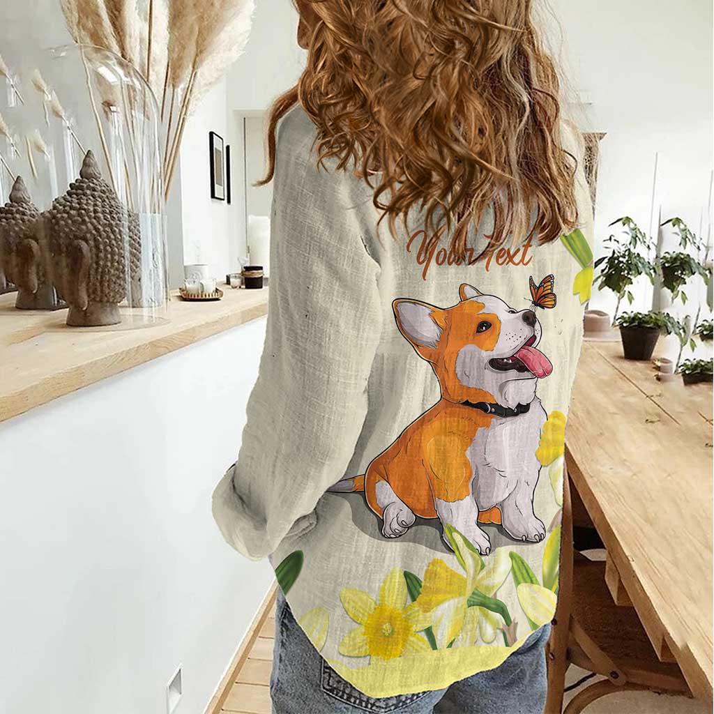 Personalised Wales Corgi and Daffodil Women Casual Shirt Welsh Dog Lovers - Wonder Print Shop