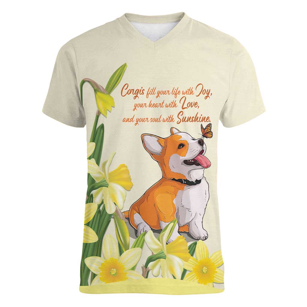 Personalised Wales Corgi and Daffodil Women V-Neck T-Shirt Welsh Dog Lovers - Wonder Print Shop