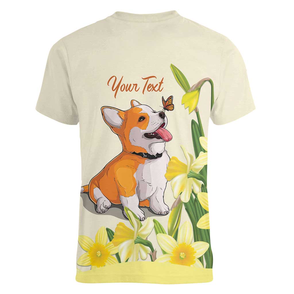 Personalised Wales Corgi and Daffodil Women V-Neck T-Shirt Welsh Dog Lovers - Wonder Print Shop