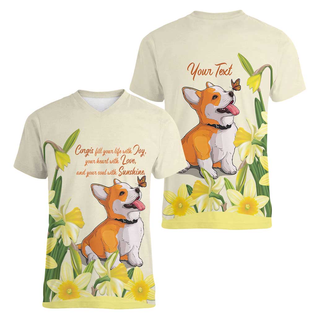 Personalised Wales Corgi and Daffodil Women V-Neck T-Shirt Welsh Dog Lovers - Wonder Print Shop
