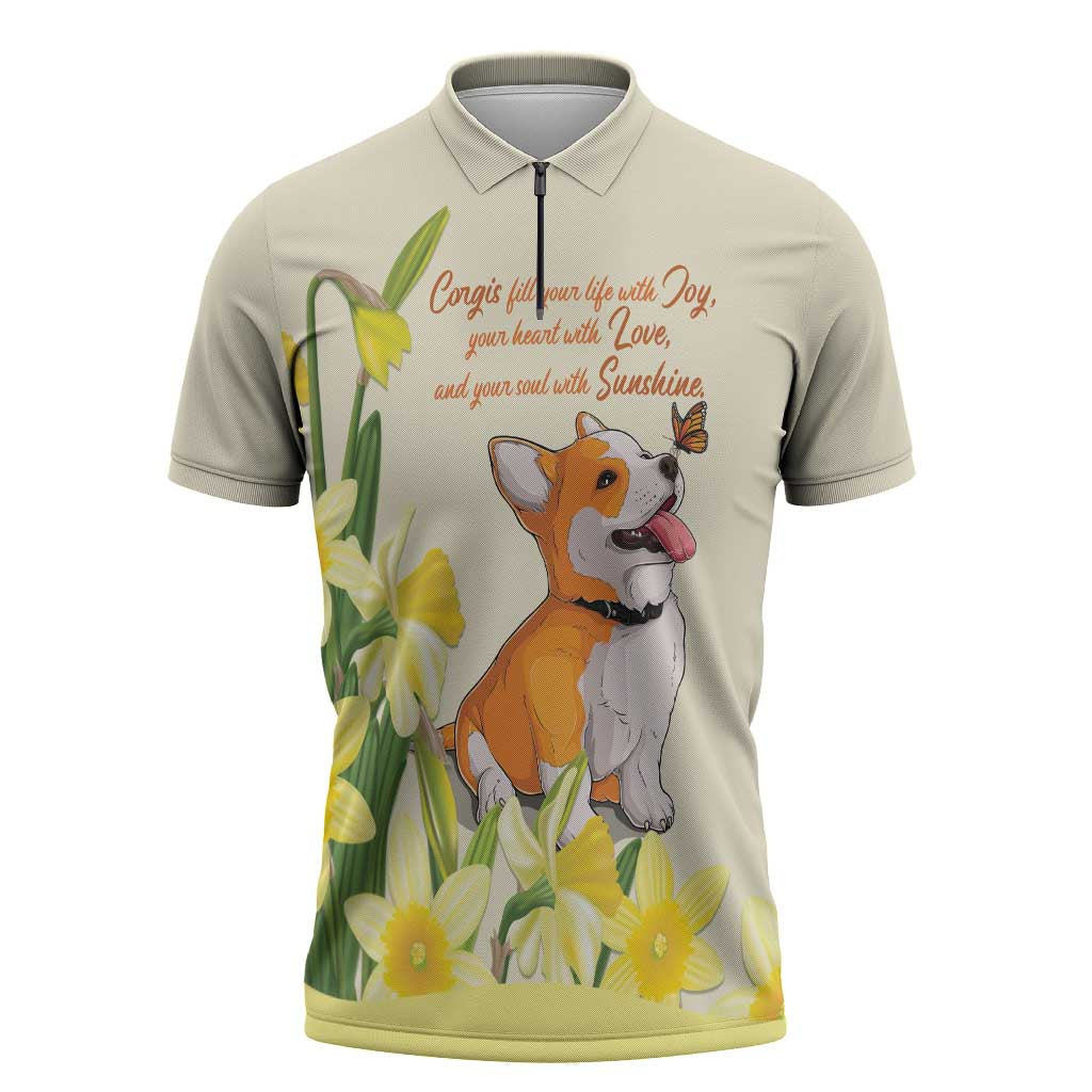 Personalised Wales Corgi and Daffodil Zipper Polo Shirt Welsh Dog Lovers - Wonder Print Shop