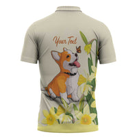 Personalised Wales Corgi and Daffodil Zipper Polo Shirt Welsh Dog Lovers - Wonder Print Shop