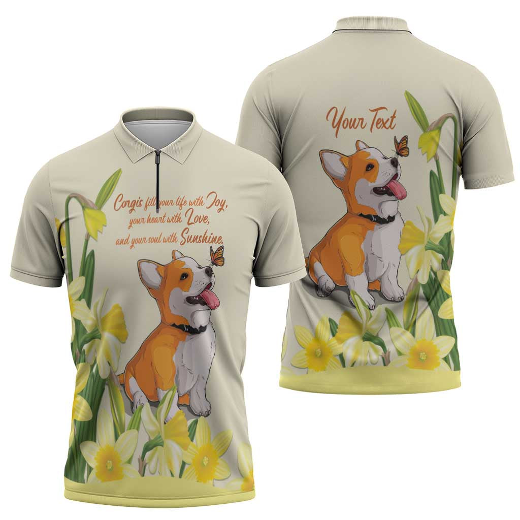 Personalised Wales Corgi and Daffodil Zipper Polo Shirt Welsh Dog Lovers - Wonder Print Shop