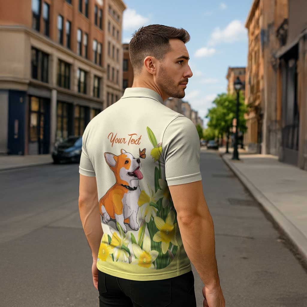 Personalised Wales Corgi and Daffodil Zipper Polo Shirt Welsh Dog Lovers - Wonder Print Shop