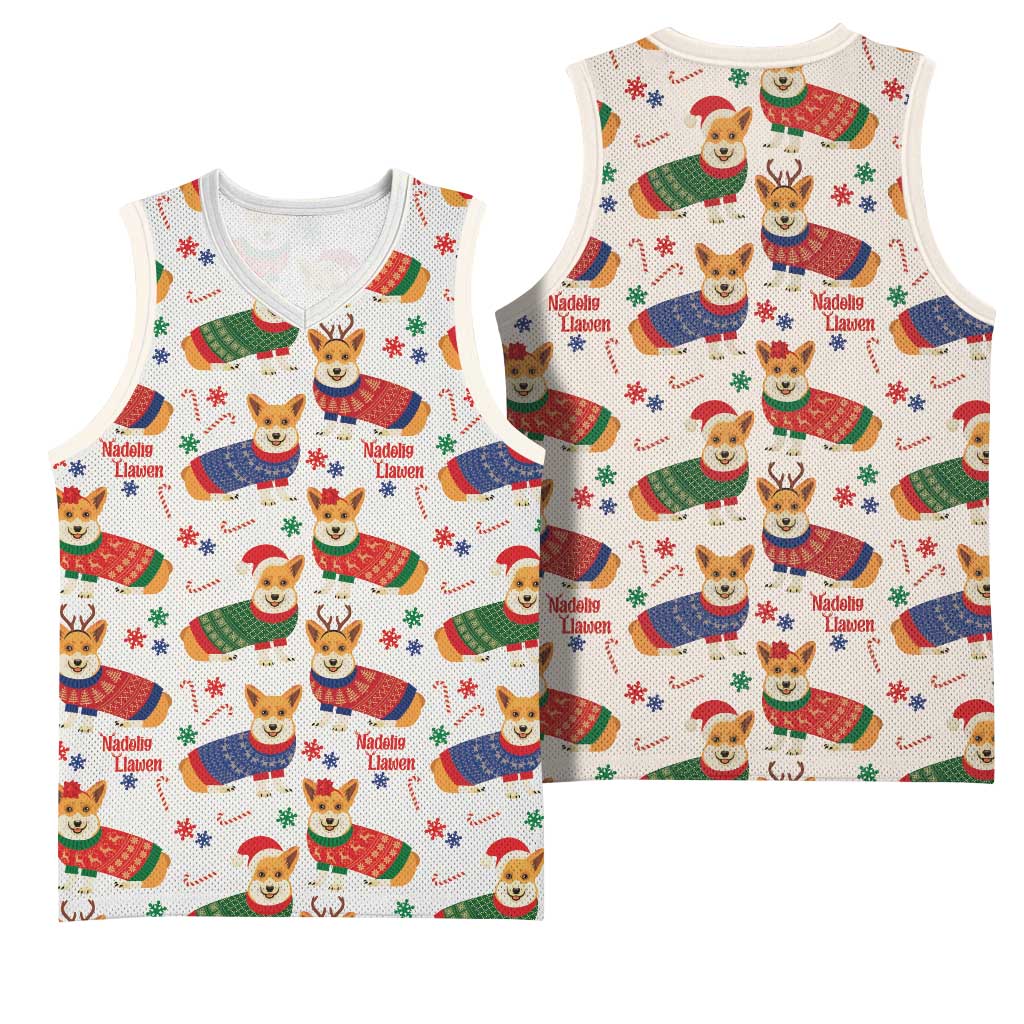 Wales Corgi Christmas Basketball Jersey Nadolig Llawen Welsh Dog Seamless Vibes - Wonder Print Shop