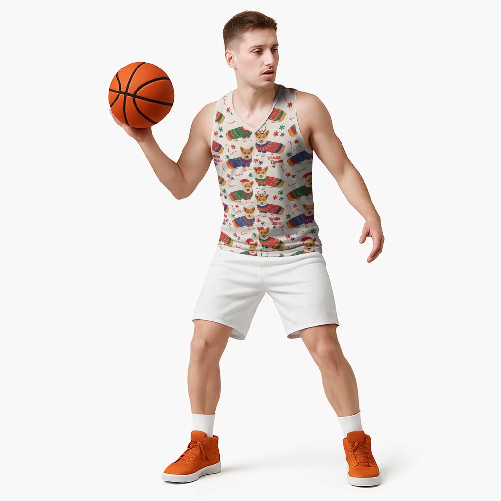Wales Corgi Christmas Basketball Jersey Nadolig Llawen Welsh Dog Seamless Vibes - Wonder Print Shop