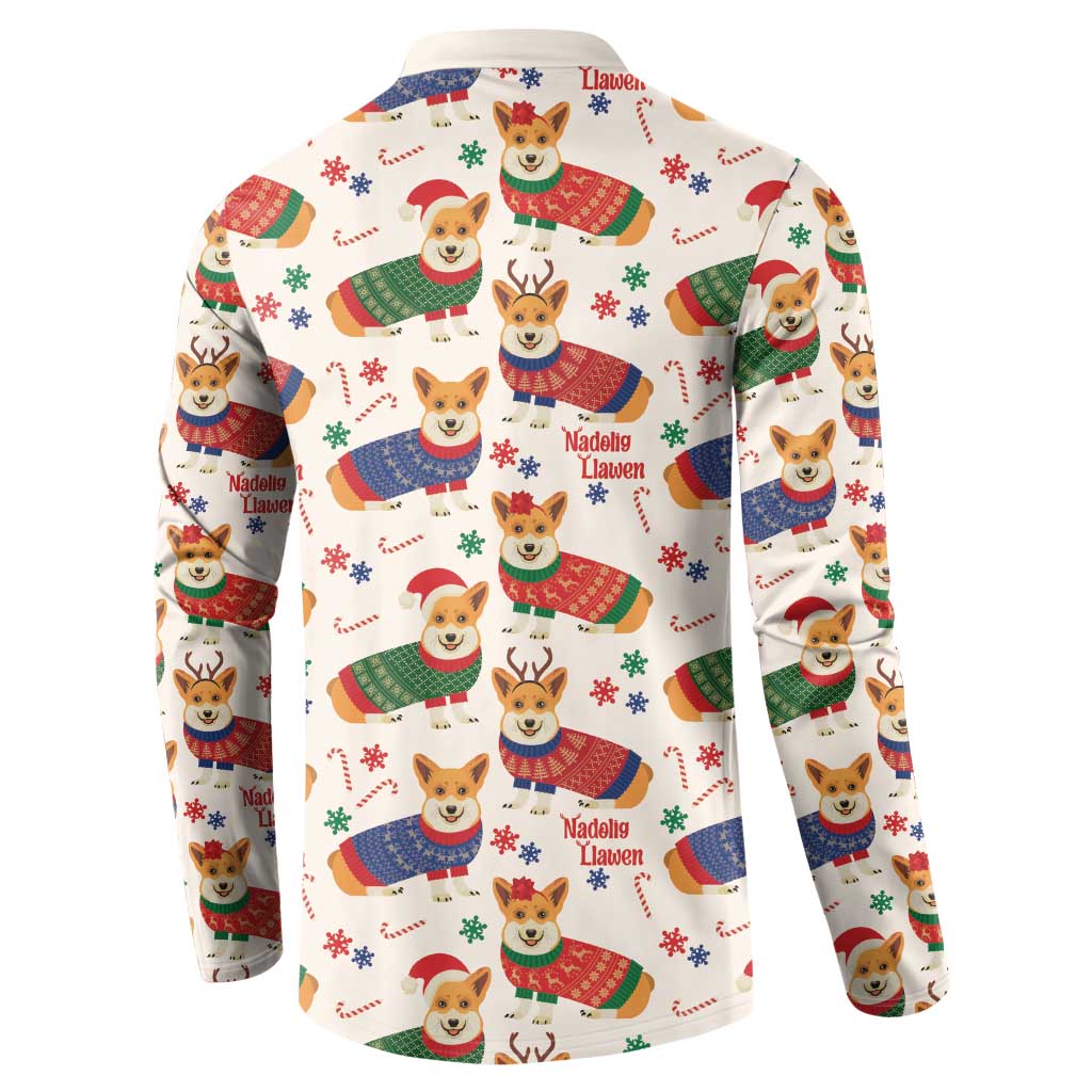 Wales Corgi Christmas Button Sweatshirt Nadolig Llawen Welsh Dog Seamless Vibes - Wonder Print Shop
