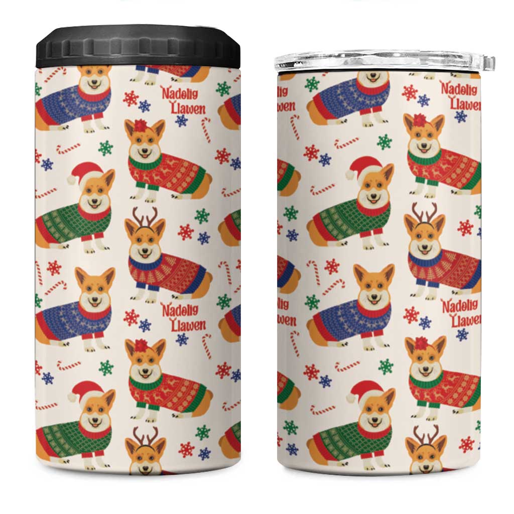 Wales Corgi Christmas 4 in 1 Can Cooler Tumbler Nadolig Llawen Welsh Dog Seamless Vibes - Wonder Print Shop