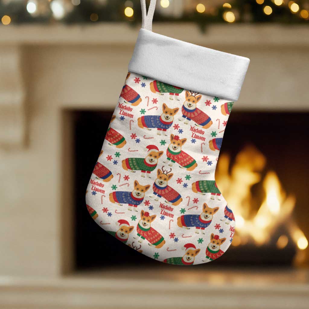 Wales Corgi Christmas Stocking Nadolig Llawen Welsh Dog Seamless Vibes - Wonder Print Shop