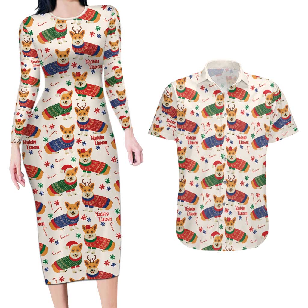 Wales Corgi Christmas Couples Matching Long Sleeve Bodycon Dress and Hawaiian Shirt Nadolig Llawen Welsh Dog Seamless Vibes - Wonder Print Shop