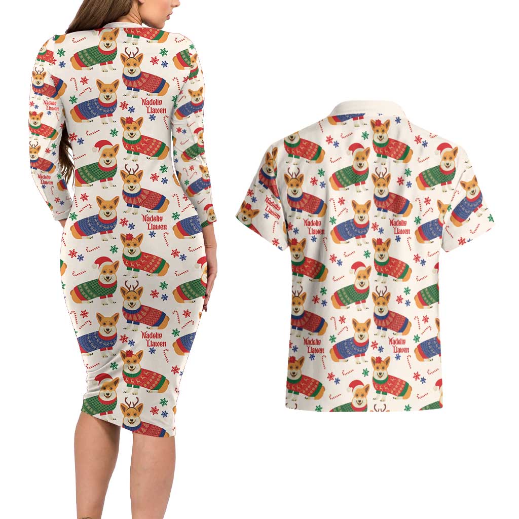 Wales Corgi Christmas Couples Matching Long Sleeve Bodycon Dress and Hawaiian Shirt Nadolig Llawen Welsh Dog Seamless Vibes - Wonder Print Shop