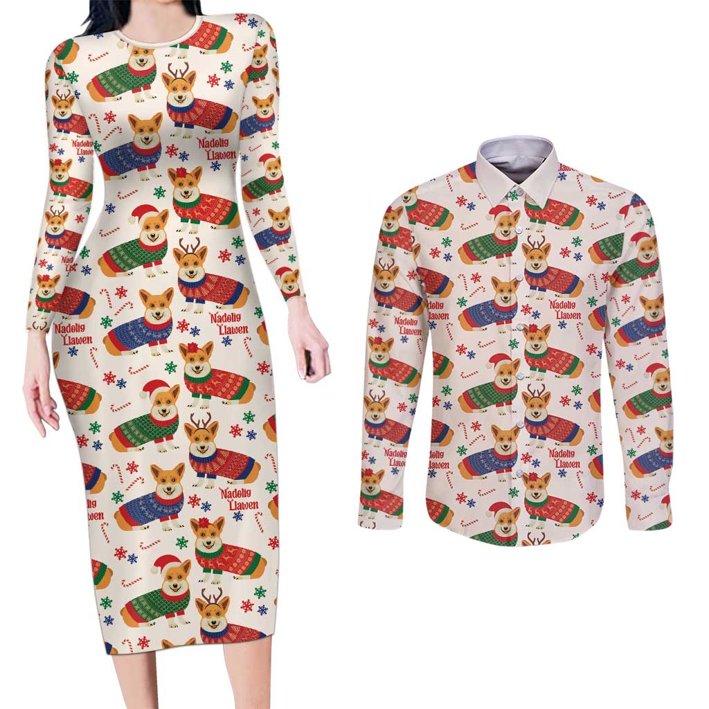 Wales Corgi Christmas Couples Matching Long Sleeve Bodycon Dress and Long Sleeve Button Shirt Nadolig Llawen Welsh Dog Seamless Vibes - Wonder Print Shop