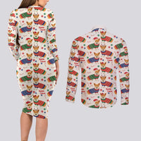 Wales Corgi Christmas Couples Matching Long Sleeve Bodycon Dress and Long Sleeve Button Shirt Nadolig Llawen Welsh Dog Seamless Vibes - Wonder Print Shop