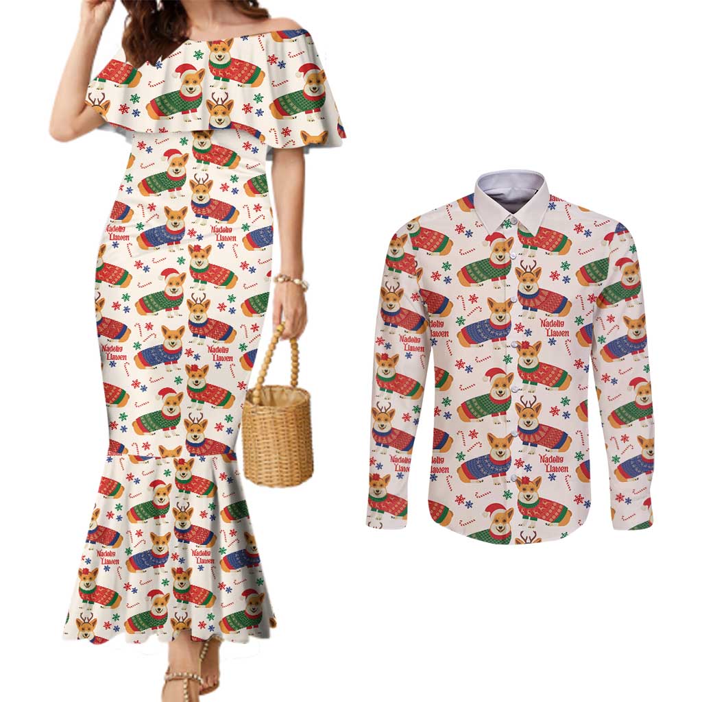 Wales Corgi Christmas Couples Matching Mermaid Dress and Long Sleeve Button Shirt Nadolig Llawen Welsh Dog Seamless Vibes - Wonder Print Shop