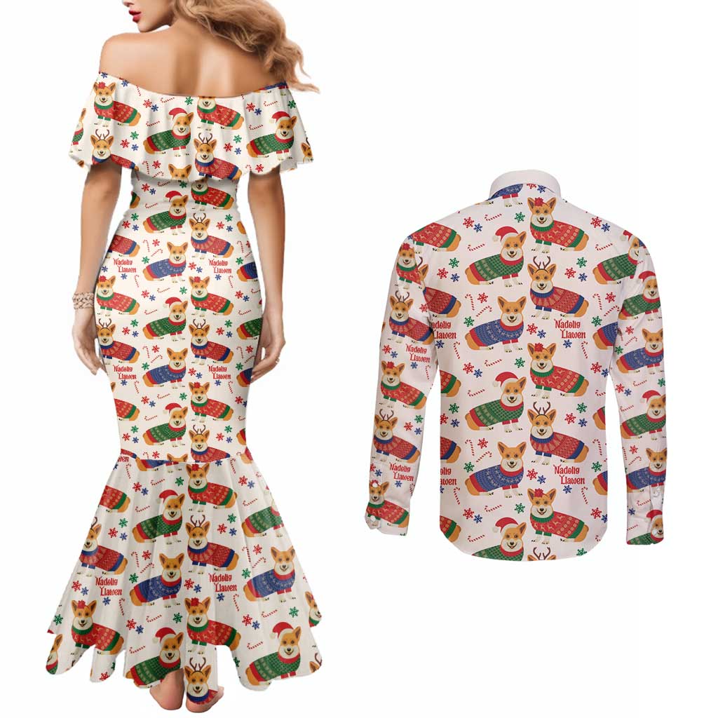 Wales Corgi Christmas Couples Matching Mermaid Dress and Long Sleeve Button Shirt Nadolig Llawen Welsh Dog Seamless Vibes - Wonder Print Shop