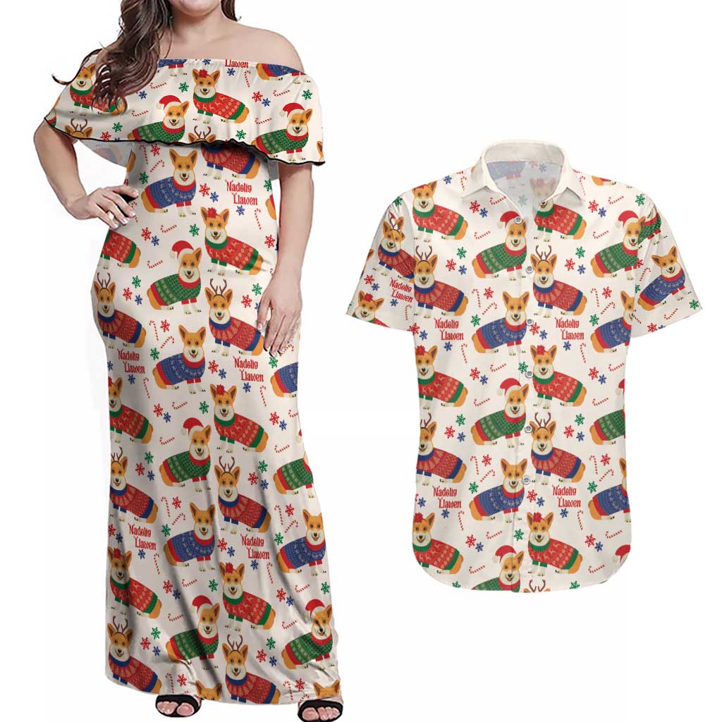 Wales Corgi Christmas Couples Matching Off Shoulder Maxi Dress and Hawaiian Shirt Nadolig Llawen Welsh Dog Seamless Vibes - Wonder Print Shop