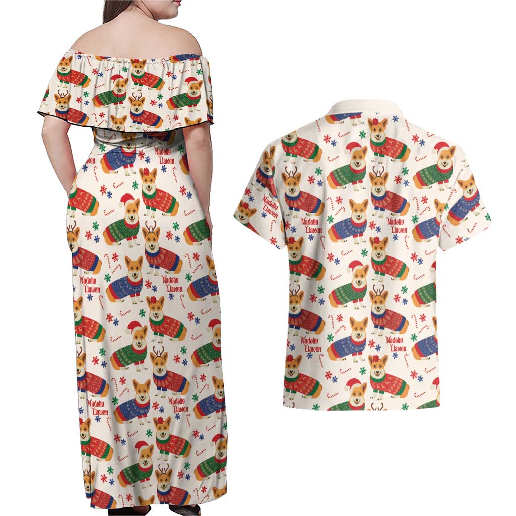 Wales Corgi Christmas Couples Matching Off Shoulder Maxi Dress and Hawaiian Shirt Nadolig Llawen Welsh Dog Seamless Vibes - Wonder Print Shop