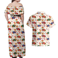 Wales Corgi Christmas Couples Matching Off Shoulder Maxi Dress and Hawaiian Shirt Nadolig Llawen Welsh Dog Seamless Vibes - Wonder Print Shop