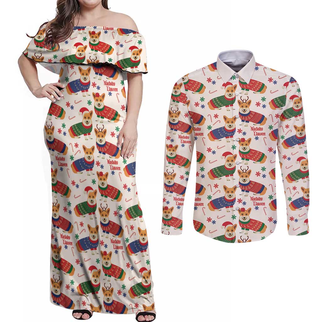 Wales Corgi Christmas Couples Matching Off Shoulder Maxi Dress and Long Sleeve Button Shirt Nadolig Llawen Welsh Dog Seamless Vibes - Wonder Print Shop