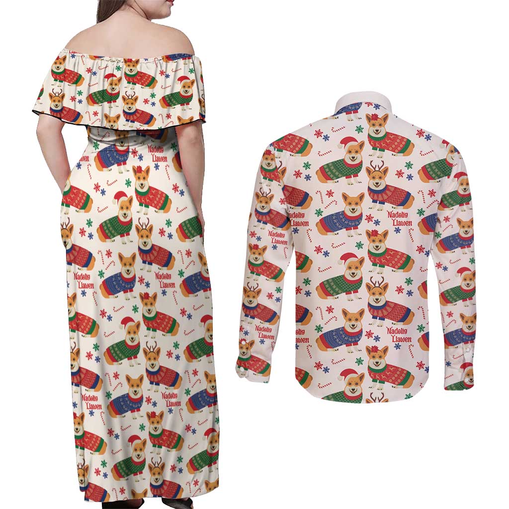Wales Corgi Christmas Couples Matching Off Shoulder Maxi Dress and Long Sleeve Button Shirt Nadolig Llawen Welsh Dog Seamless Vibes - Wonder Print Shop