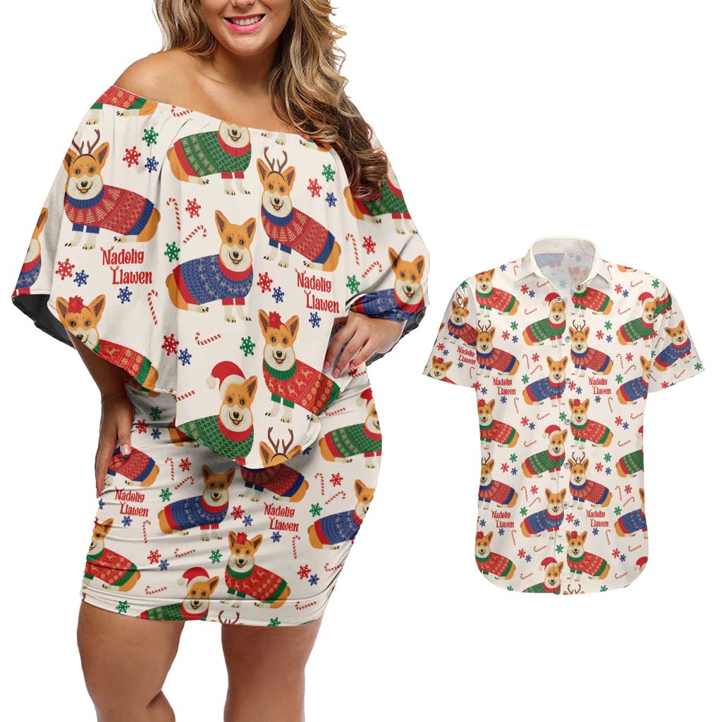 Wales Corgi Christmas Couples Matching Off Shoulder Short Dress and Hawaiian Shirt Nadolig Llawen Welsh Dog Seamless Vibes - Wonder Print Shop