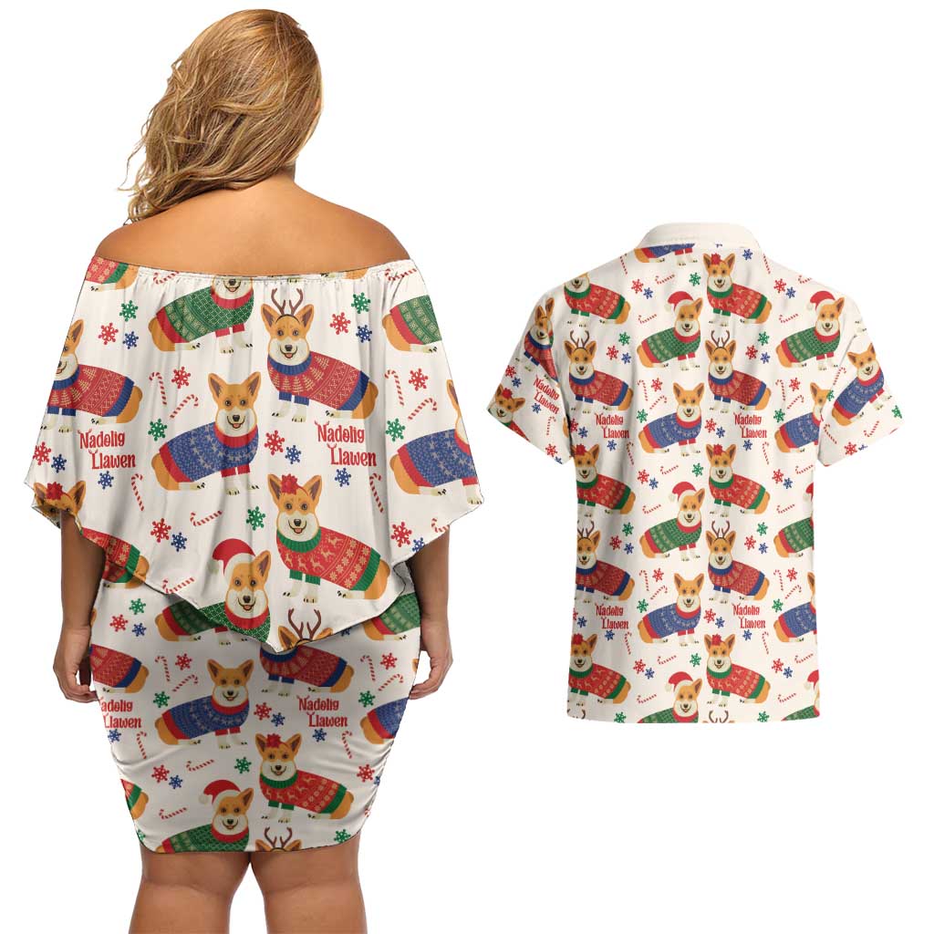 Wales Corgi Christmas Couples Matching Off Shoulder Short Dress and Hawaiian Shirt Nadolig Llawen Welsh Dog Seamless Vibes - Wonder Print Shop