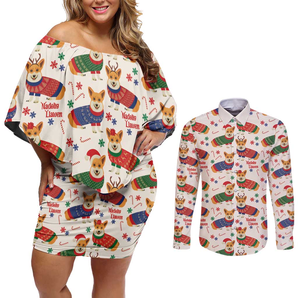 Wales Corgi Christmas Couples Matching Off Shoulder Short Dress and Long Sleeve Button Shirt Nadolig Llawen Welsh Dog Seamless Vibes - Wonder Print Shop