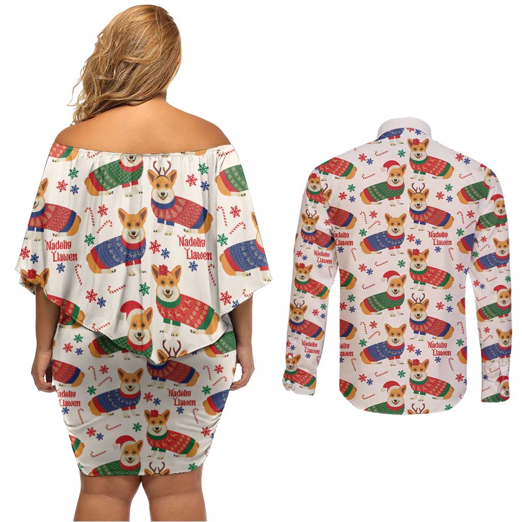 Wales Corgi Christmas Couples Matching Off Shoulder Short Dress and Long Sleeve Button Shirt Nadolig Llawen Welsh Dog Seamless Vibes - Wonder Print Shop