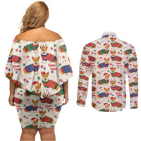 Wales Corgi Christmas Couples Matching Off Shoulder Short Dress and Long Sleeve Button Shirt Nadolig Llawen Welsh Dog Seamless Vibes - Wonder Print Shop