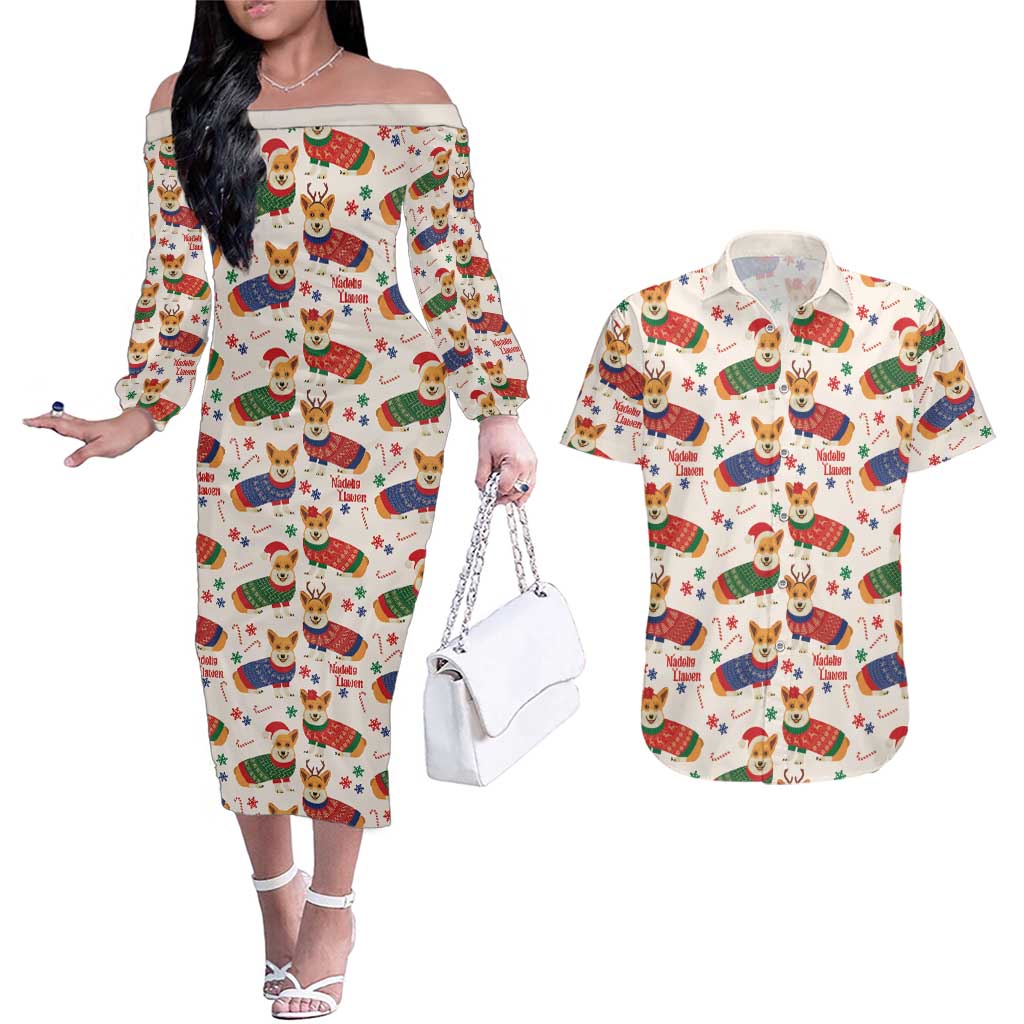 Wales Corgi Christmas Couples Matching Off The Shoulder Long Sleeve Dress and Hawaiian Shirt Nadolig Llawen Welsh Dog Seamless Vibes - Wonder Print Shop