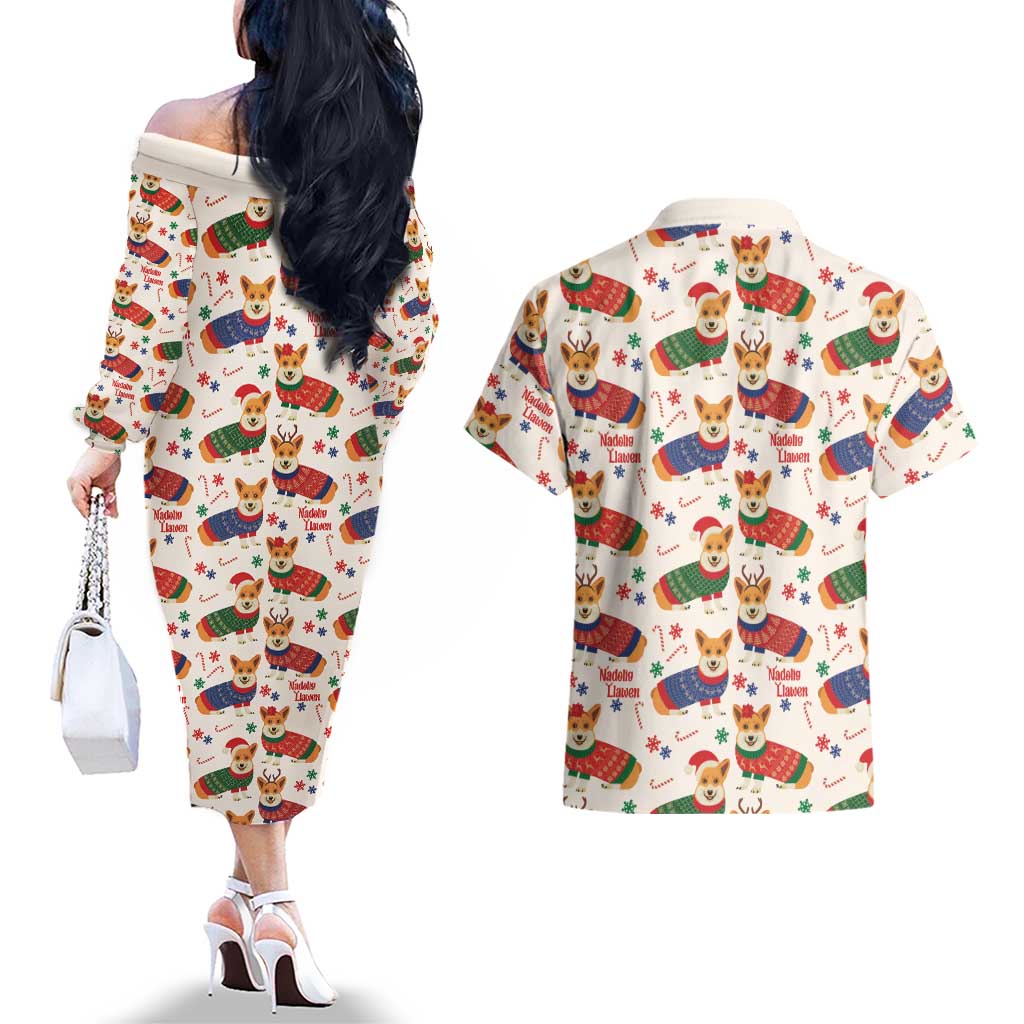 Wales Corgi Christmas Couples Matching Off The Shoulder Long Sleeve Dress and Hawaiian Shirt Nadolig Llawen Welsh Dog Seamless Vibes - Wonder Print Shop