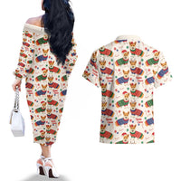 Wales Corgi Christmas Couples Matching Off The Shoulder Long Sleeve Dress and Hawaiian Shirt Nadolig Llawen Welsh Dog Seamless Vibes - Wonder Print Shop