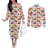 Wales Corgi Christmas Couples Matching Off The Shoulder Long Sleeve Dress and Long Sleeve Button Shirt Nadolig Llawen Welsh Dog Seamless Vibes - Wonder Print Shop