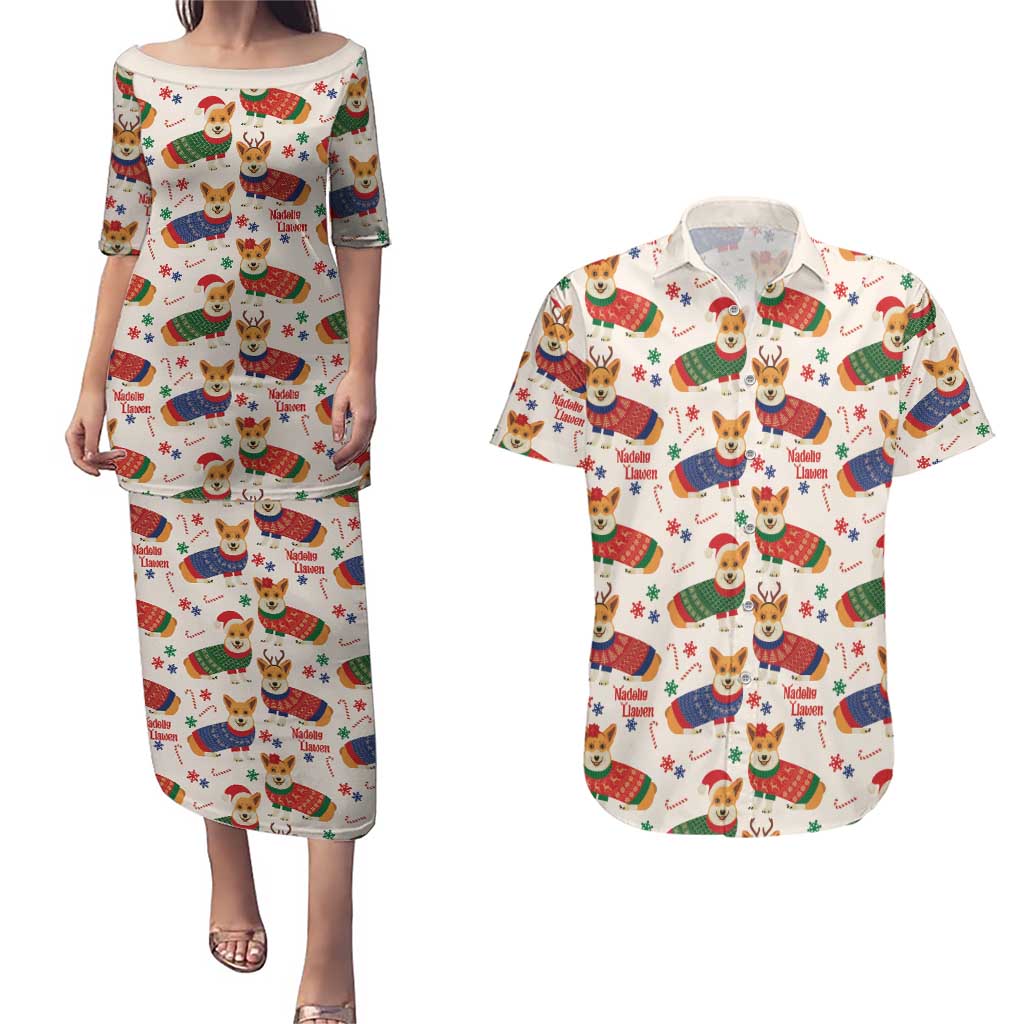 Wales Corgi Christmas Couples Matching Puletasi and Hawaiian Shirt Nadolig Llawen Welsh Dog Seamless Vibes - Wonder Print Shop