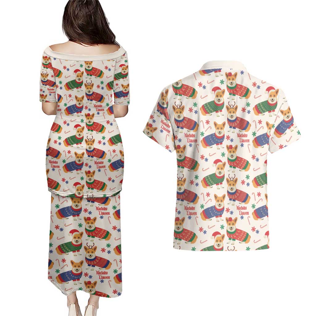 Wales Corgi Christmas Couples Matching Puletasi and Hawaiian Shirt Nadolig Llawen Welsh Dog Seamless Vibes - Wonder Print Shop