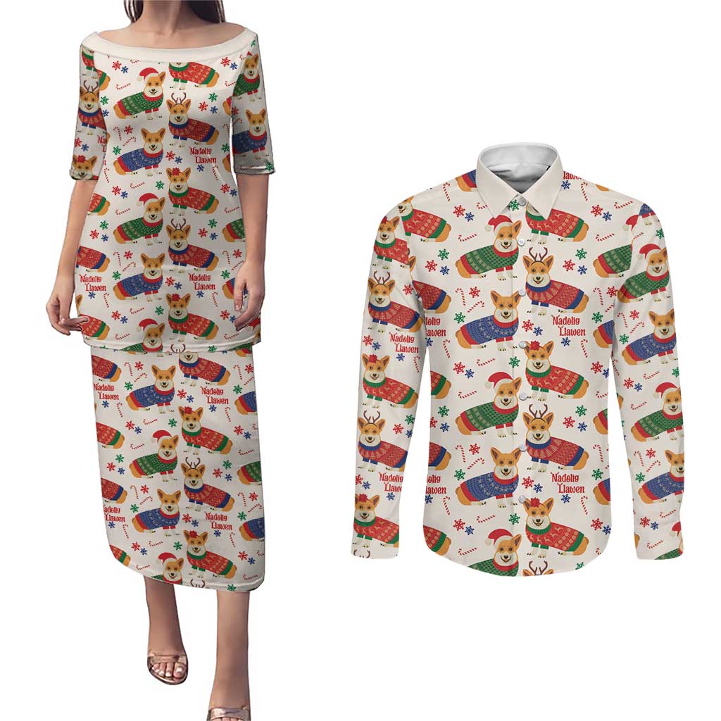 Wales Corgi Christmas Couples Matching Puletasi and Long Sleeve Button Shirt Nadolig Llawen Welsh Dog Seamless Vibes - Wonder Print Shop