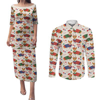 Wales Corgi Christmas Couples Matching Puletasi and Long Sleeve Button Shirt Nadolig Llawen Welsh Dog Seamless Vibes - Wonder Print Shop