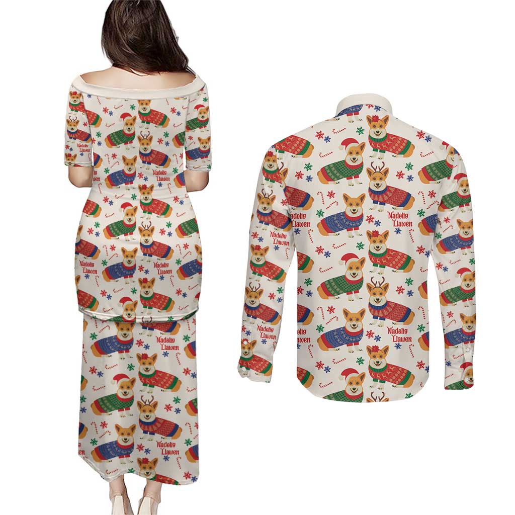 Wales Corgi Christmas Couples Matching Puletasi and Long Sleeve Button Shirt Nadolig Llawen Welsh Dog Seamless Vibes - Wonder Print Shop