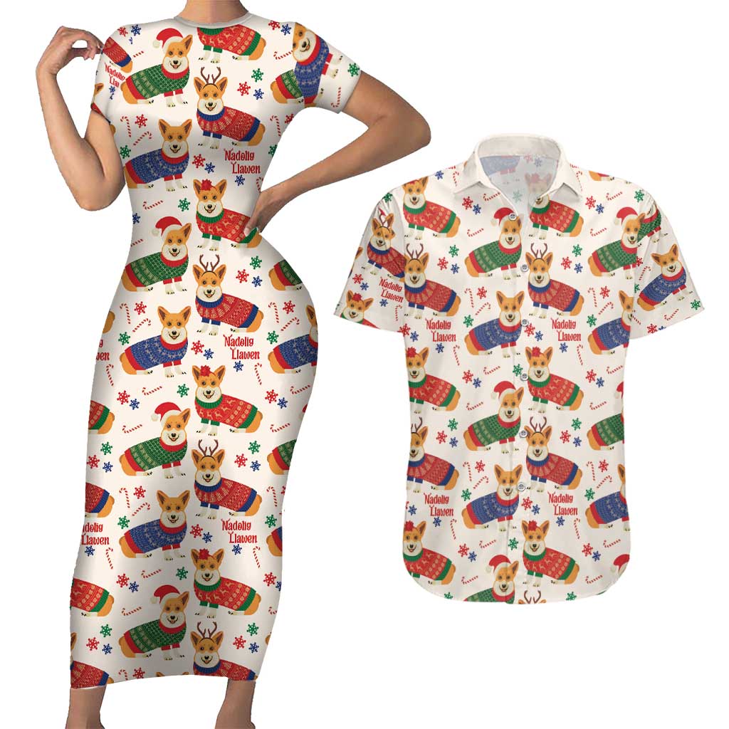 Wales Corgi Christmas Couples Matching Short Sleeve Bodycon Dress and Hawaiian Shirt Nadolig Llawen Welsh Dog Seamless Vibes - Wonder Print Shop