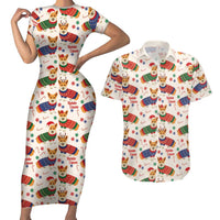 Wales Corgi Christmas Couples Matching Short Sleeve Bodycon Dress and Hawaiian Shirt Nadolig Llawen Welsh Dog Seamless Vibes - Wonder Print Shop
