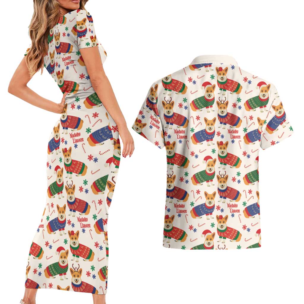 Wales Corgi Christmas Couples Matching Short Sleeve Bodycon Dress and Hawaiian Shirt Nadolig Llawen Welsh Dog Seamless Vibes - Wonder Print Shop